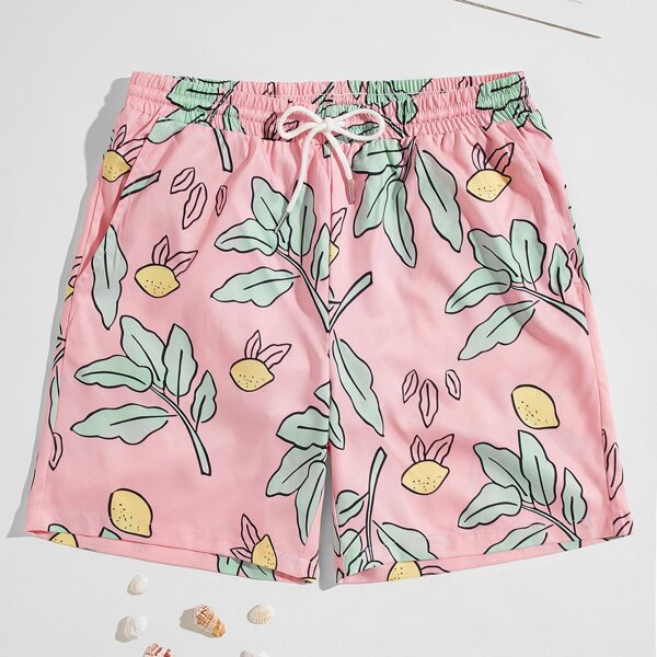 

Men Plants Print Drawstring Waist Swim Trunks, Baby pink