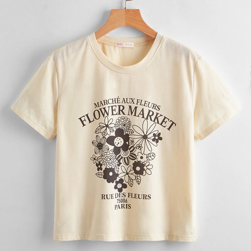 Letter Floral Graphic Tee, Beige