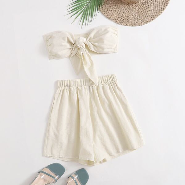 

Knot Front Tube Top & Elastic Waist Shorts Set, Beige