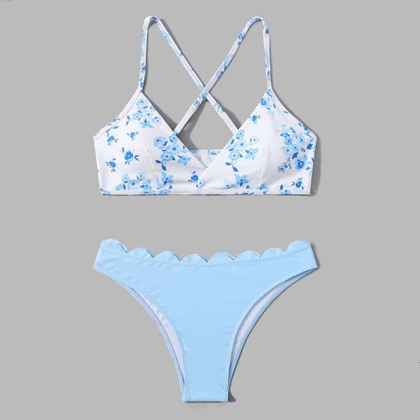 

Бикини с цветочным рисунком фестончатой отделкой, Синий