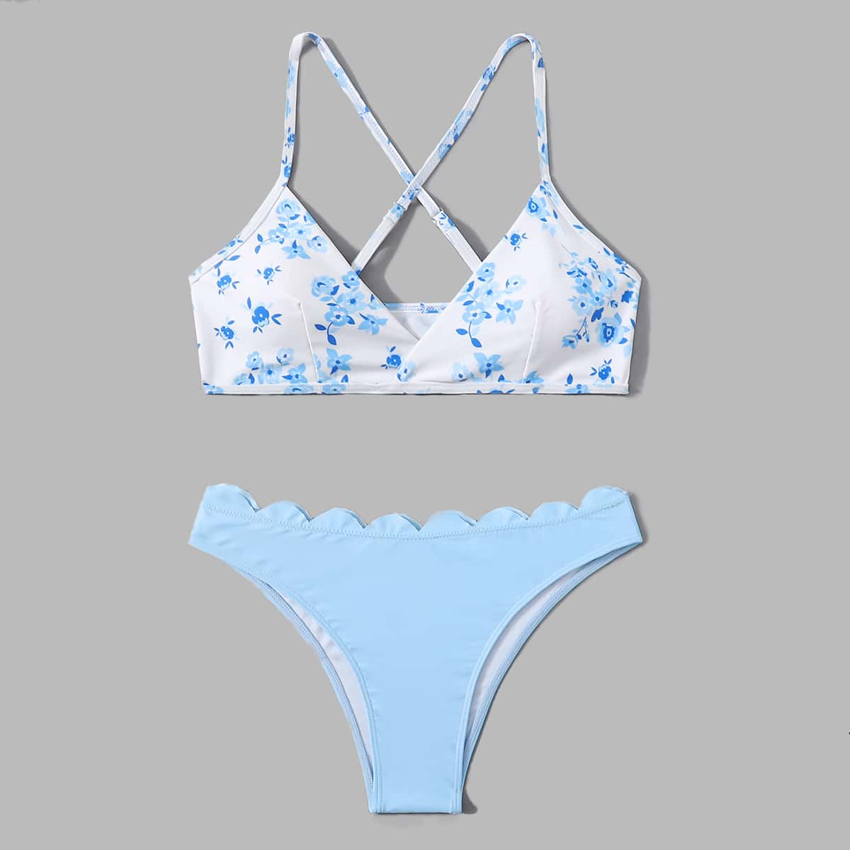 

Floral Scallop Trim Bikini Swimsuit, Blue