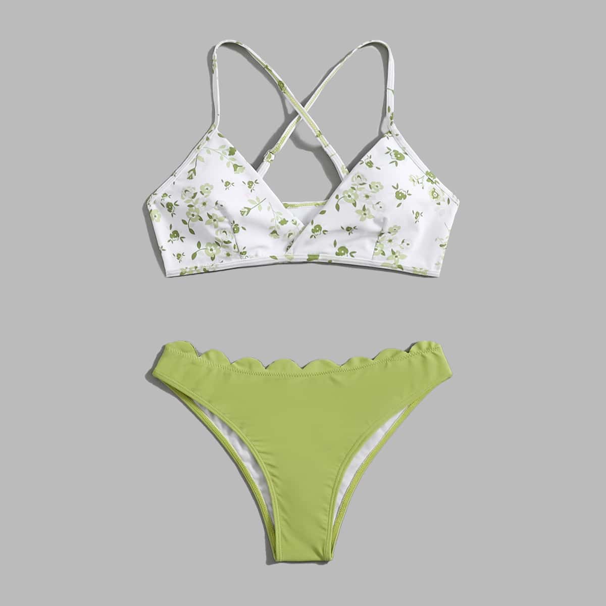 

Floral Scallop Trim Bikini Swimsuit, Green