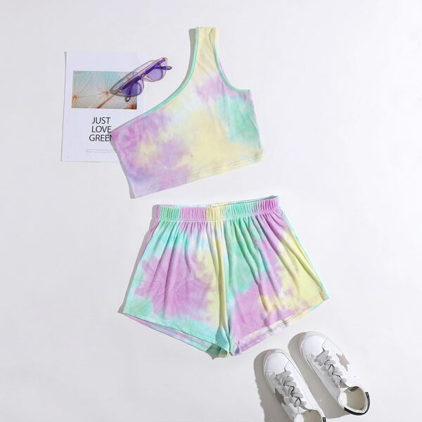 

Tie Dye One Shoulder Top & Track Shorts Set, Multicolor