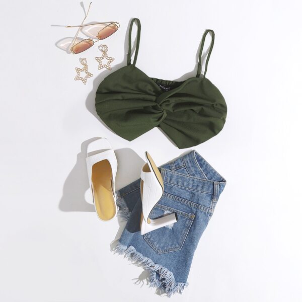 

Twist Front Shirred Back Cami Top, Army green