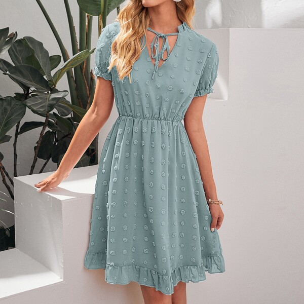 

Swiss Dot Tie Neck Puff Sleeve Dress, Dusty blue