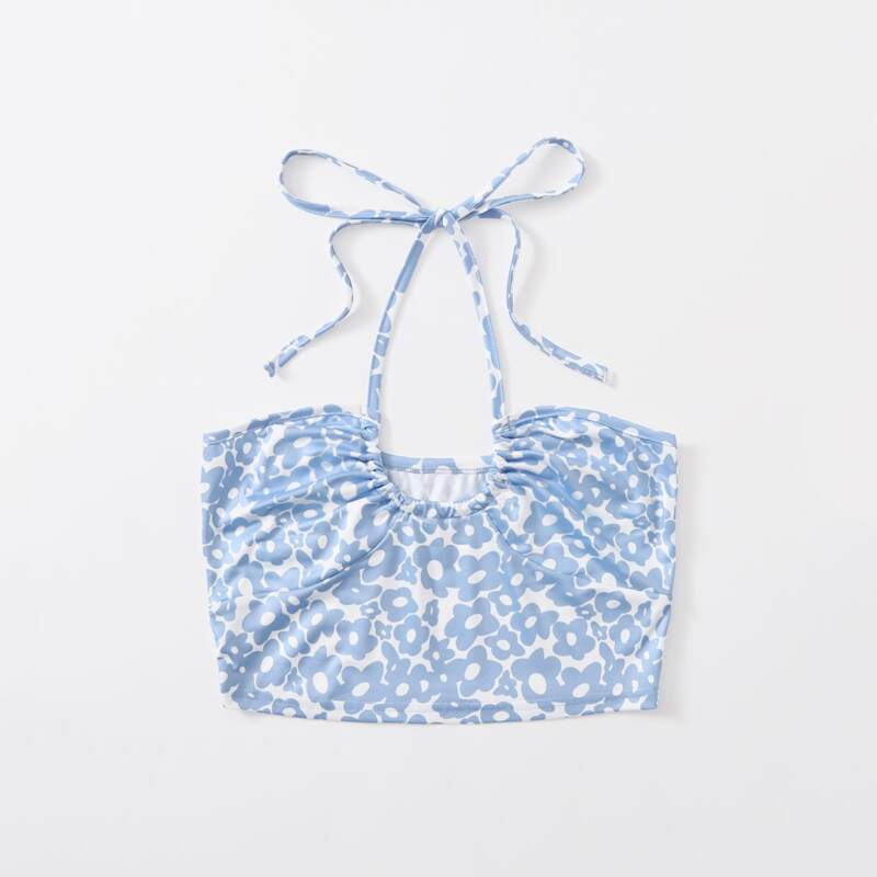 

Floral Print Crop Halter Top, Blue and white
