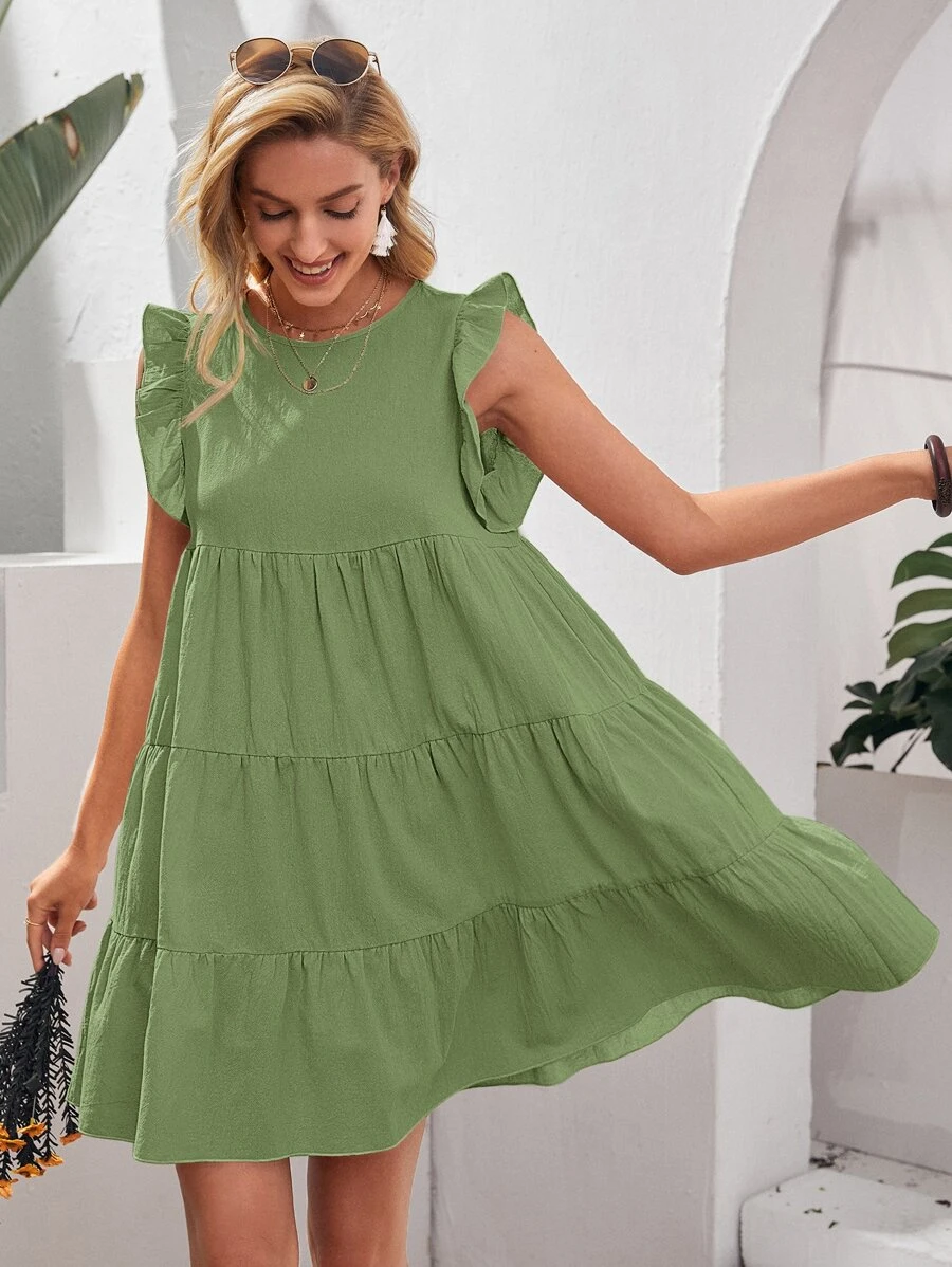 Flounce Hem Smock Dress - Green - View 1
