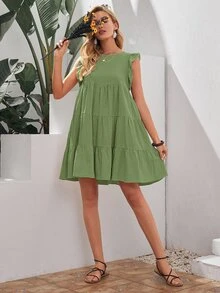 Flounce Hem Smock Dress - Green - View 4