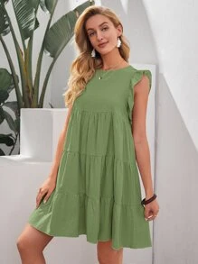Flounce Hem Smock Dress - Green - View 5