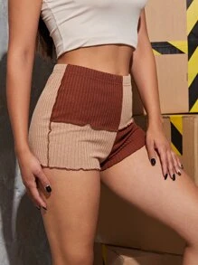 SHEIN Qutie Colourblock Lettuce Trim Rib-knit Shorts - Multicolor - View 5