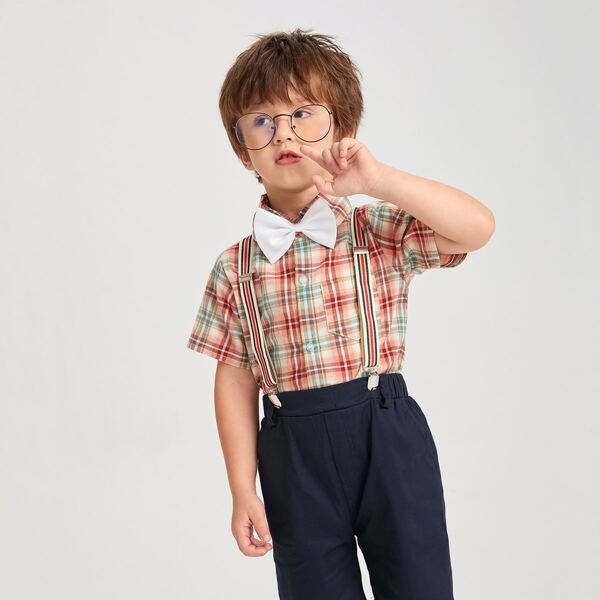 

Toddler Boys Plaid Bow Tie Shirt With Suspender Shorts, Multicolor
