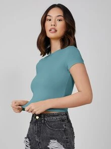 SHEIN BASICS Top crop de manga casquillo unicolor - Azul Cadete - Ver 4