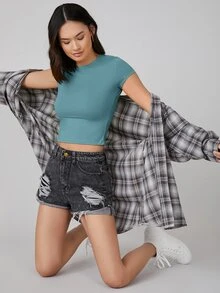 SHEIN BASICS Top crop de manga casquillo unicolor - Azul Cadete - Ver 5