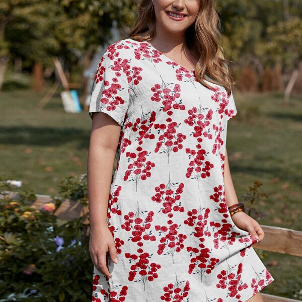 

Plus Floral V-neck Tunic Dress, Red and white