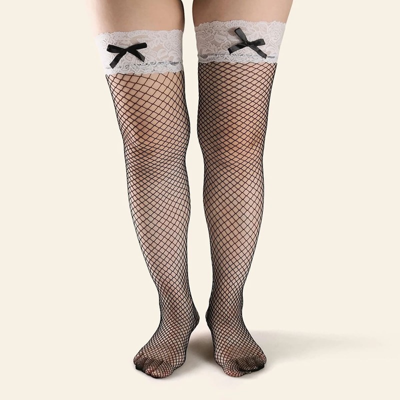 

1pair Bow Over The Knee Fishnet Socks, Black and white