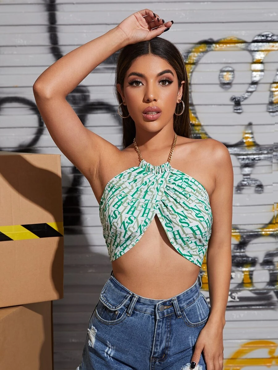 SHEIN Unity 後繫帶滿版字母圖案鏈條繞頸上衣 - 彩色 - 查看 1