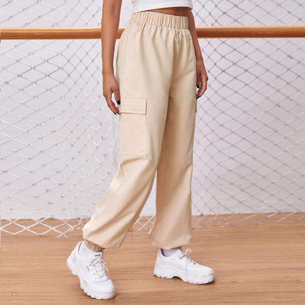 

Elastic Waist Flap Pocket Solid Pants, Apricot