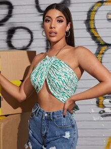 SHEIN Unity 後繫帶滿版字母圖案鏈條繞頸上衣 - 彩色 - 查看 3