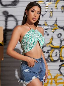 SHEIN Unity 後繫帶滿版字母圖案鏈條繞頸上衣 - 彩色 - 查看 5