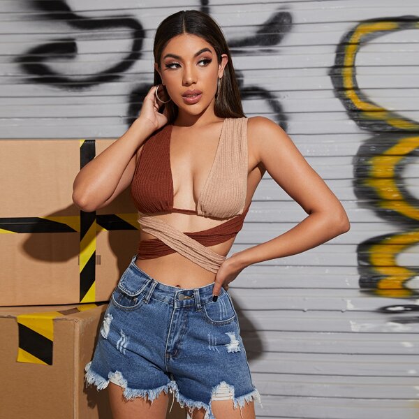 

Two Tone Crisscross Tie Backless Crop Tank Top, Multicolor