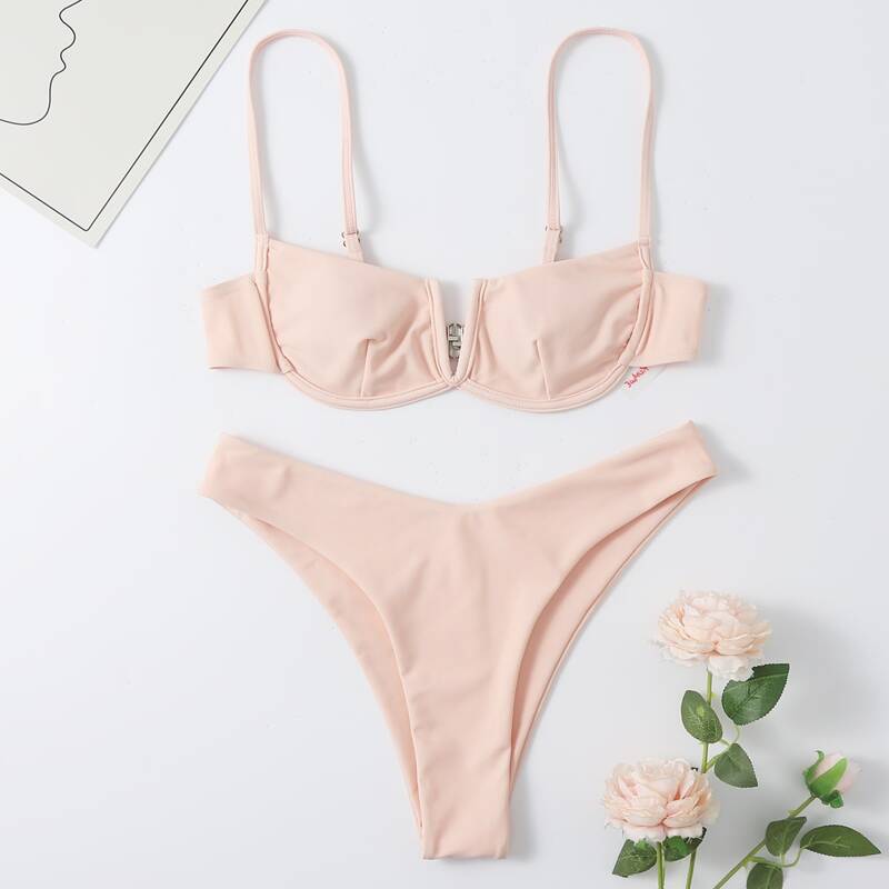 

Solid V Wired Bikini Swimsuit, Baby pink