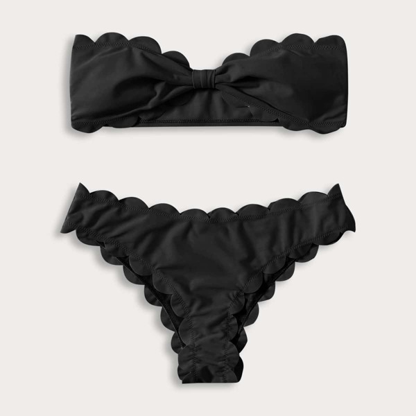 

Scallop Trim Bandeau Bikini Swimsuit, Black