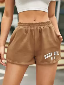 SHEIN EZwear Letter Graphic Track Shorts - Khaki - View 1