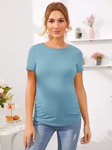 SHEIN Maternity Solid Short Sleeve Tee - Dusty Blue - View 3