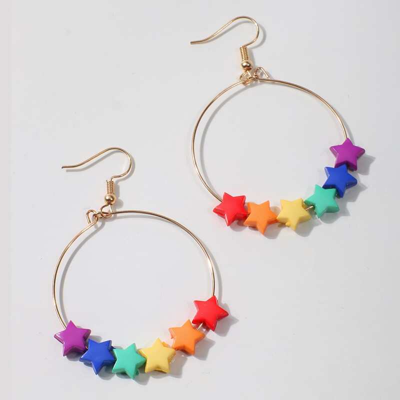 

Colorful Star Ring Drop Earrings, Multicolor