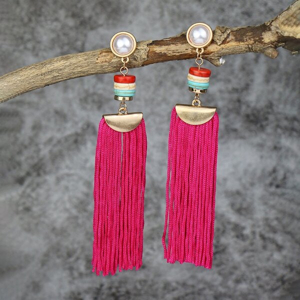 

Tassel Decor Drop Earrings, Hot pink