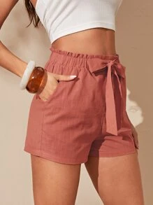 SHEIN Essnce Shorts con nudo delantero de cintura con volante - Rosa Oxidada - Ver 5