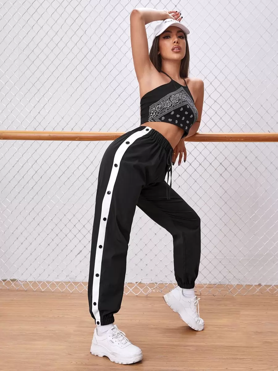 SHEIN EZwear Side Stripe Tie Waist Joggers - Black - View 1