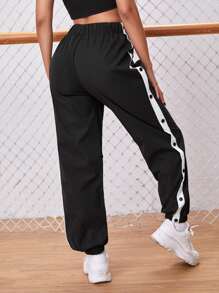 SHEIN EZwear Side Stripe Tie Waist Joggers - Black - View 2