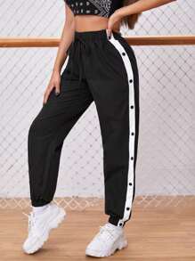 SHEIN EZwear Side Stripe Tie Waist Joggers - Black - View 3