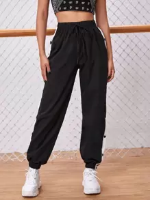 SHEIN EZwear Side Stripe Tie Waist Joggers - Black - View 5
