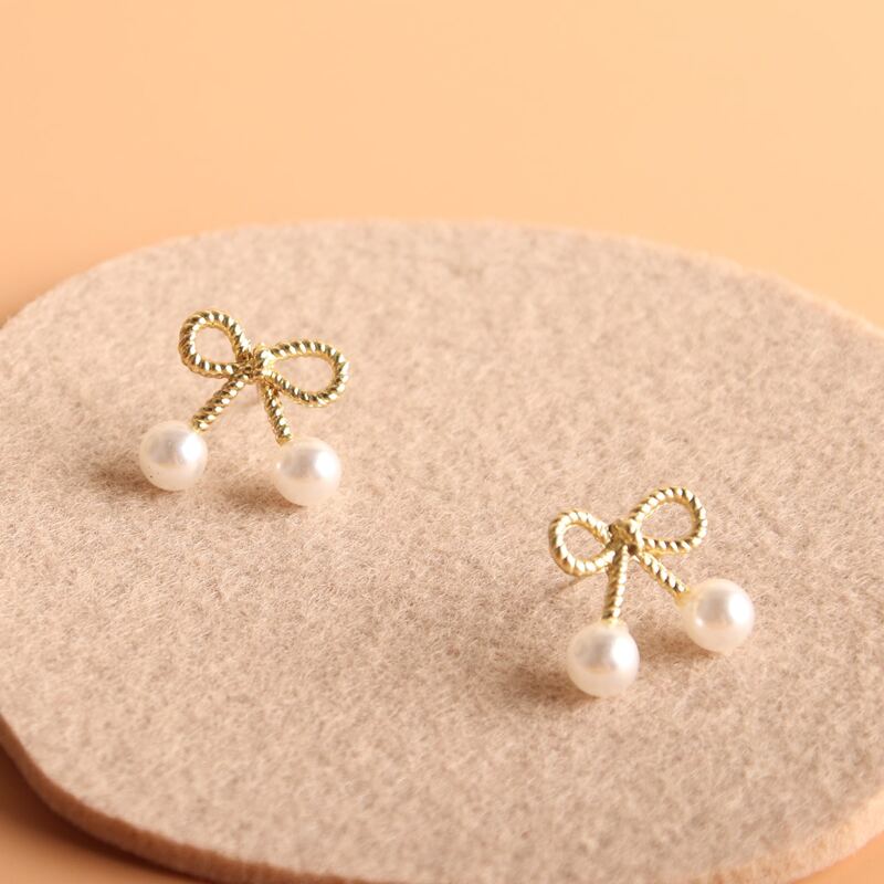 

Faux Pearl Bow Stud Earrings, Gold