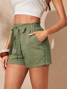 SHEIN Essnce Paperbag Waist Knot Front Shorts - Army Green - View 1