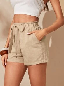 SHEIN Essnce Paperbag Waist Knot Front Shorts - Khaki - View 1