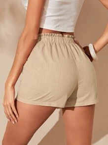 SHEIN Essnce Paperbag Waist Knot Front Shorts - Khaki - View 2
