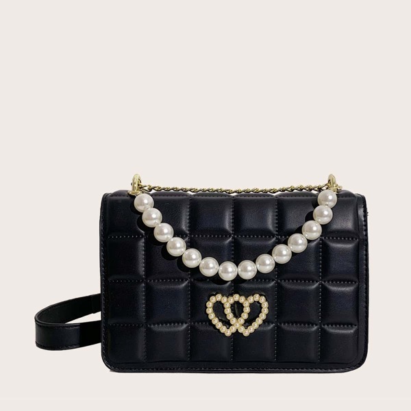 

Faux Pearl Decor Satchel Bag, Black