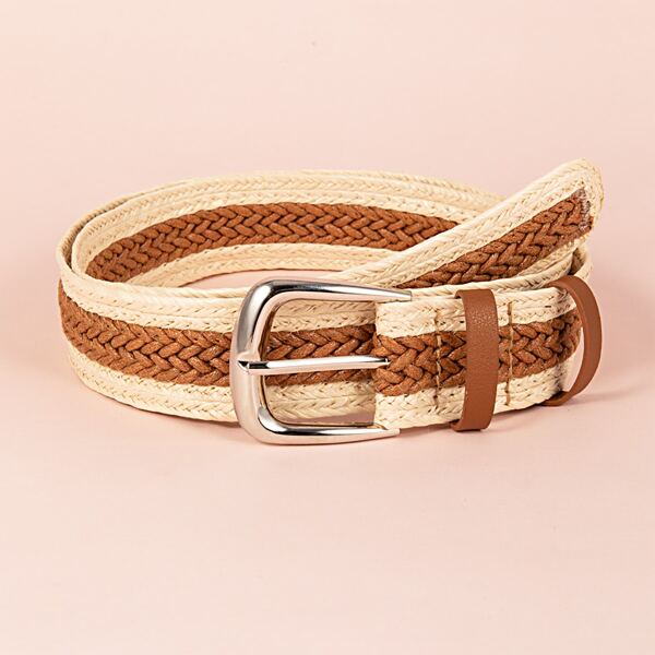 

Metal Buckle Woven Belt, Camel