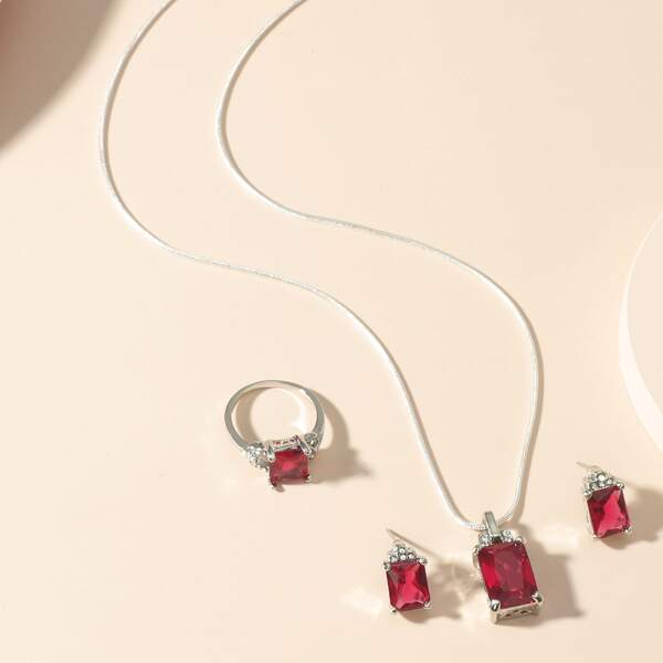 

Geometric Rhinestone Decor Necklace & Ring & 1pair Stud Earrings, Hot pink