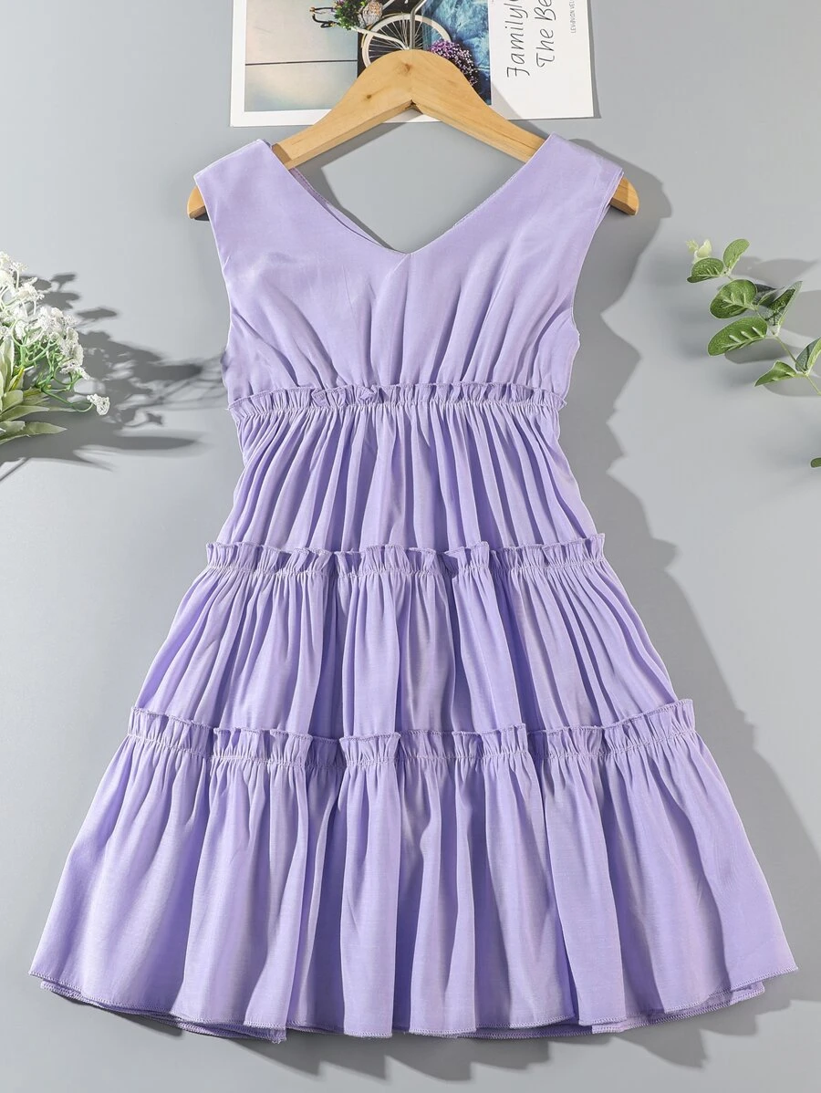 Vestidos para niñas Volante fruncido Liso Dulce - Lila Púrpura - Ver 1