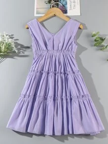 Vestidos para niñas Volante fruncido Liso Dulce - Lila Púrpura - Ver 2