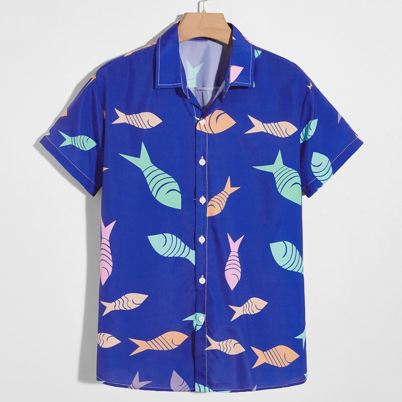 

Guys Fish Print Button Front Shirt, Blue