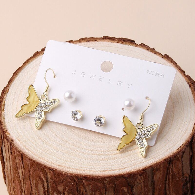 

3pairs Butterfly Rhinestone Earrings, Yellow