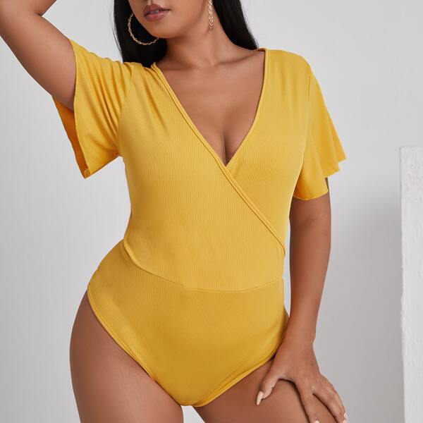 

Plus Wrap Rib Knit Solid Bodysuit, Yellow