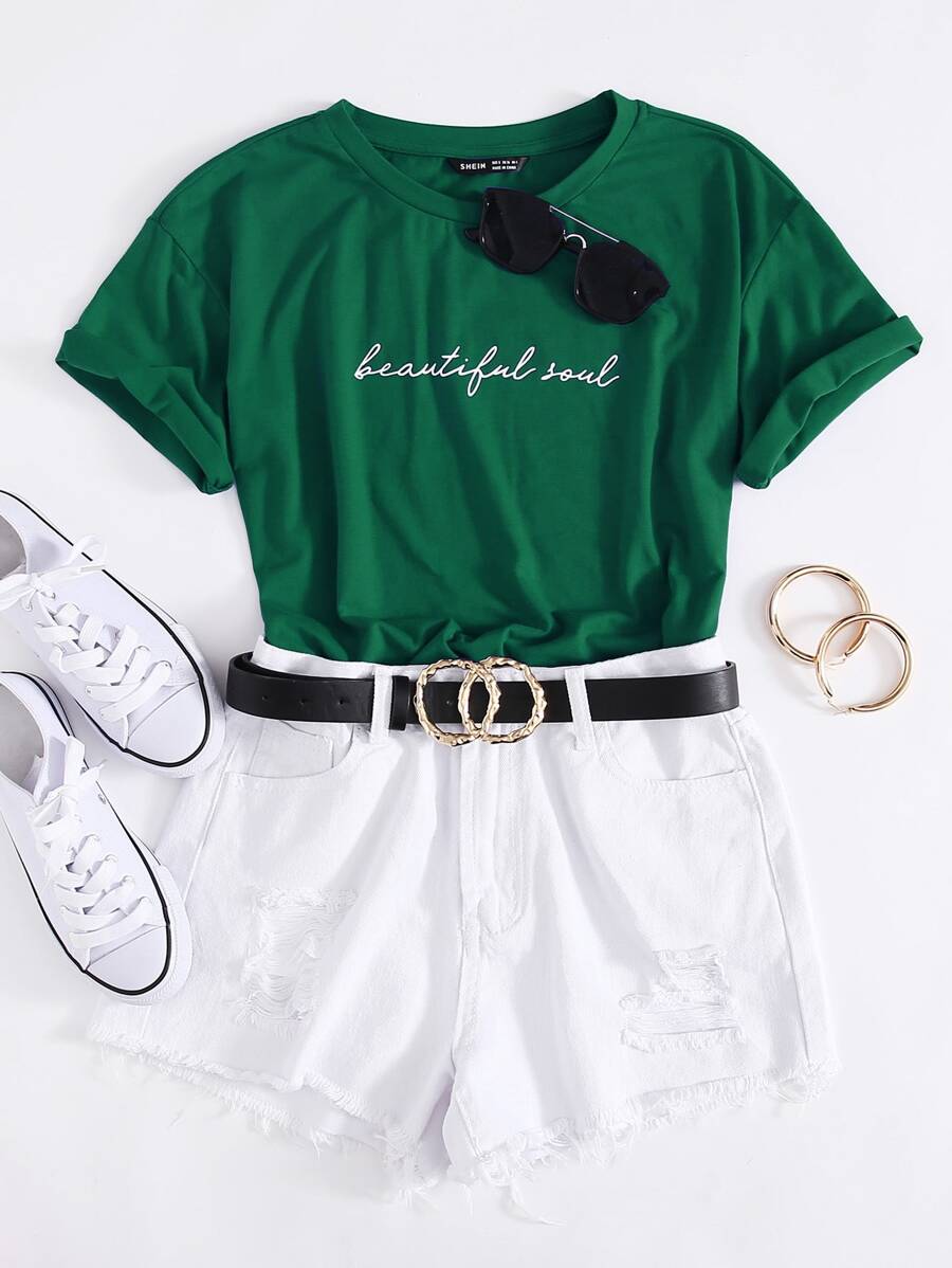 SHEIN EZwear Slogan Graphic Tee Beautiful Soul - Dark Green - View 1