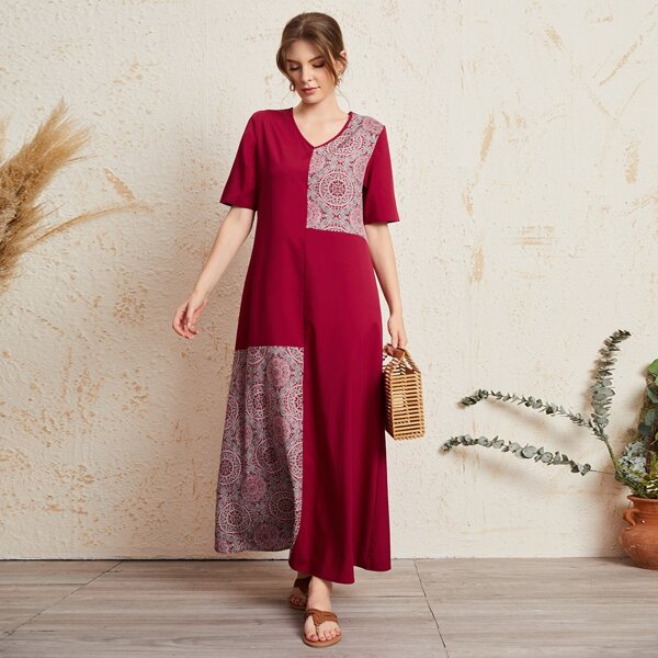 

Graphic Print V-neck Tunic Dress, Burgundy
