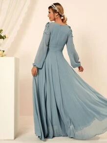 Modelyn Lace Trimed Appliques Maxi A-line Dress - Dusty Blue - View 2